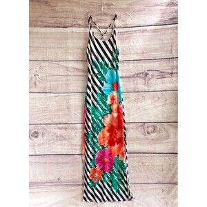 Andrade Hawaiian Maxi Dress Small Striped Hibiscus Floral Bodycon Lined Stretch